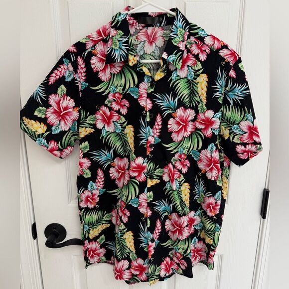 Unbranded Black Neon Floral Hawaiian Shirt Men’s Size M - Picture 2 of 6